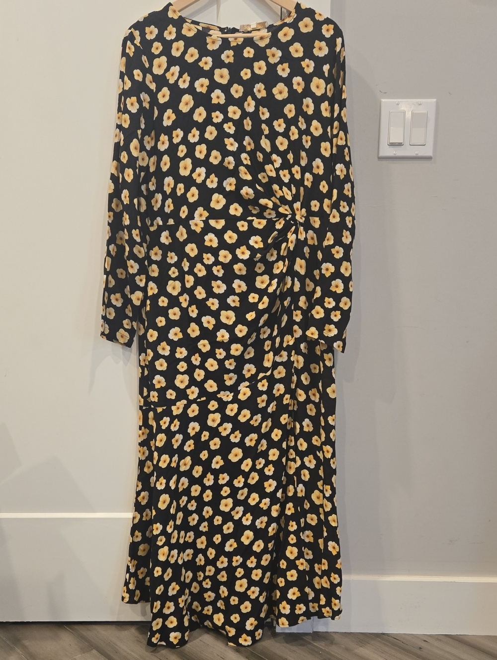Maje Black Maxi Dress with Yellow Floral Print and Twist Detail,size 12
